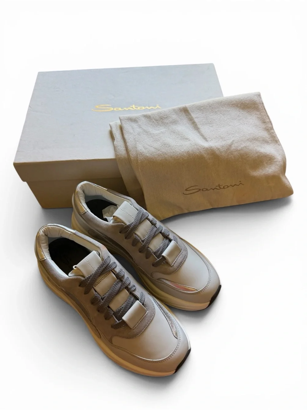 Santoni Minimalist Neutral Sneakers - Grey/Metallic SZ. 37
